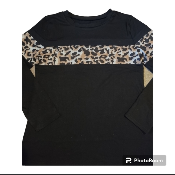 "NEW" Long Sleeve Black Top with Leopard Print Size Small & Large - Picture 3 of 6